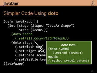 Clojure GUI Example(defnjavafxapp []  (let [stage (Stage. "JavaFX Stage")        scene (Scene.)]    (.setFillscene Color/LIGHTGREEN)    (.setWidthstage 600)    (.setHeightstage 450)    (.setScenestage scene)    (.setVisiblestage true)))(javafxapp)35Java Constant SyntaxJava Method Syntax