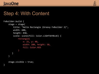 Slight Aside: Groovy BuildersGroovy builders make writing custom DSLs easyFor the next slide, I am using a builder I definedHopefully the community will improve upon this