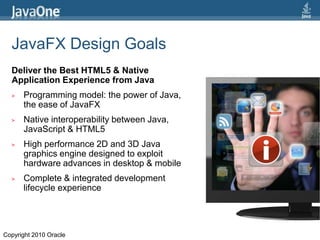 JavaFX Design GoalsDeliver the Best HTML5 & Native Application Experience from JavaProgramming model: the power of Java, the ease of JavaFXNative interoperability between Java, JavaScript & HTML5 High performance 2D and 3D Java graphics engine designed to exploit hardware advances in desktop & mobileComplete & integrated development lifecycle experienceCopyright 2010 Oracle