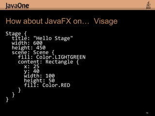 timeline := Timeline {  repeatCount = Timeline.INDEFINITE  autoReverse = trueKeyFrame {   time = 50msKeyValue(rect1.x()-> 300),    KeyValue(rect2.y() -> 500),    KeyValue(rect2.width() -> 150)}}Animation in Fantom74Fantom has a built-in Duration typeAnd also supports operator overloading