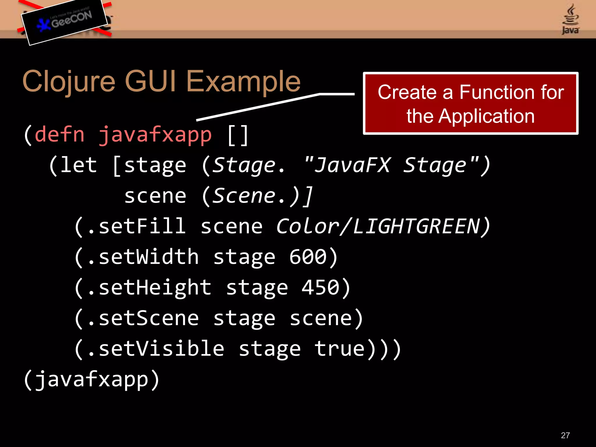 Clojure Syntax in One SlideSymbolsnumbers – 2.178ratios – 355/113strings – “clojure”, “rocks”characters – \a \b \c \dsymbols – a b c dkeywords – :alpha :betaboolean – true, falsenull - nilCollections(commas optional)Lists(1, 2, 3, 4, 5)Vectors[1, 2, 3, 4, 5]Maps{:a 1, :b 2, :c 3, :d 4}Sets#{:a :b :c :d :e}25(plus macros that are syntactic sugar wrapping the above)