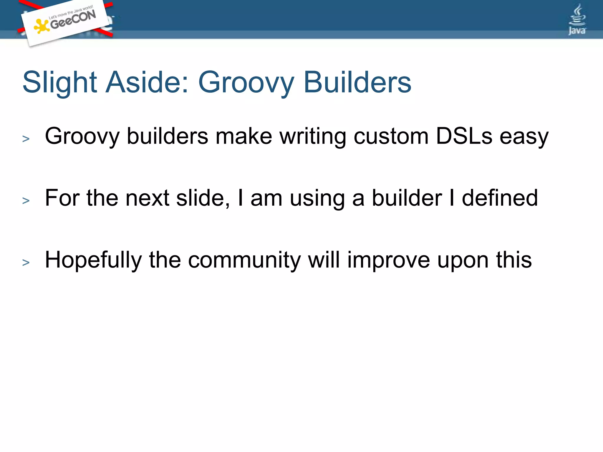 Step 1: Lazy conversion to Groovyclass HelloStage extends Application { void start(stage) { stage.setTitle("Hello Stage (Groovy)“);stage.setWidth(600);stage.setHeight(450); Scene scene = new Scene();scene.setFill(Color.LIGHTSKYBLUE);stage.setScene(scene);stage.setVisible(true); }static void main(args) {Launcher.launch(HelloStage.class, args); }}