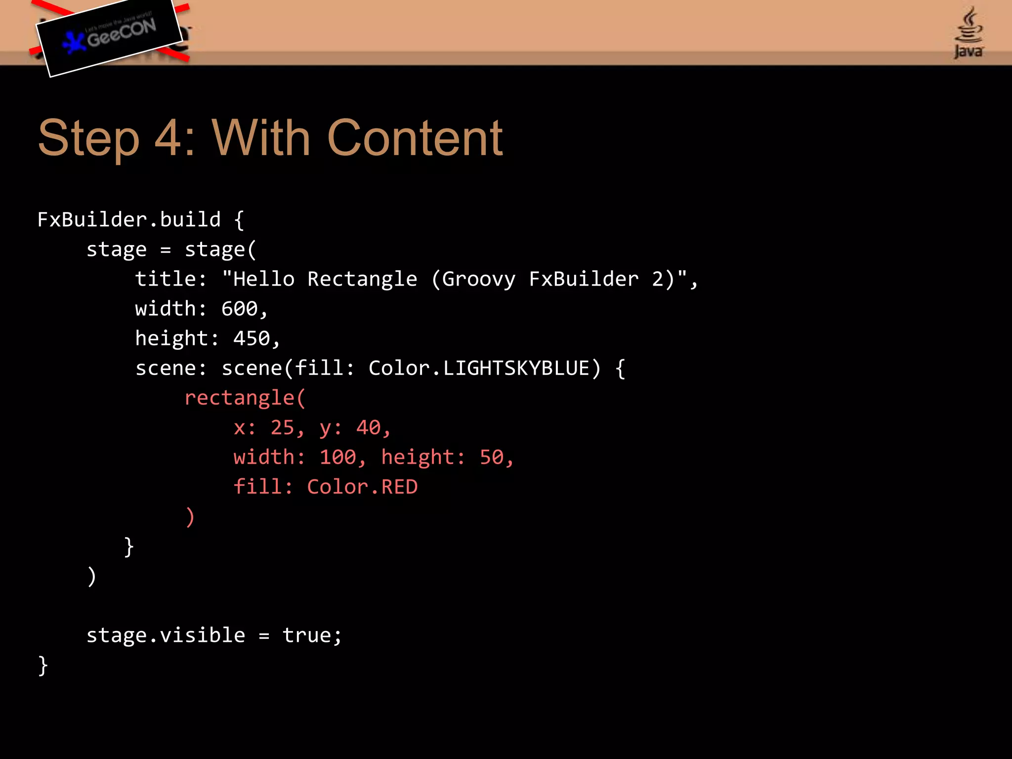 Slight Aside: Groovy BuildersGroovy builders make writing custom DSLs easyFor the next slide, I am using a builder I definedHopefully the community will improve upon this
