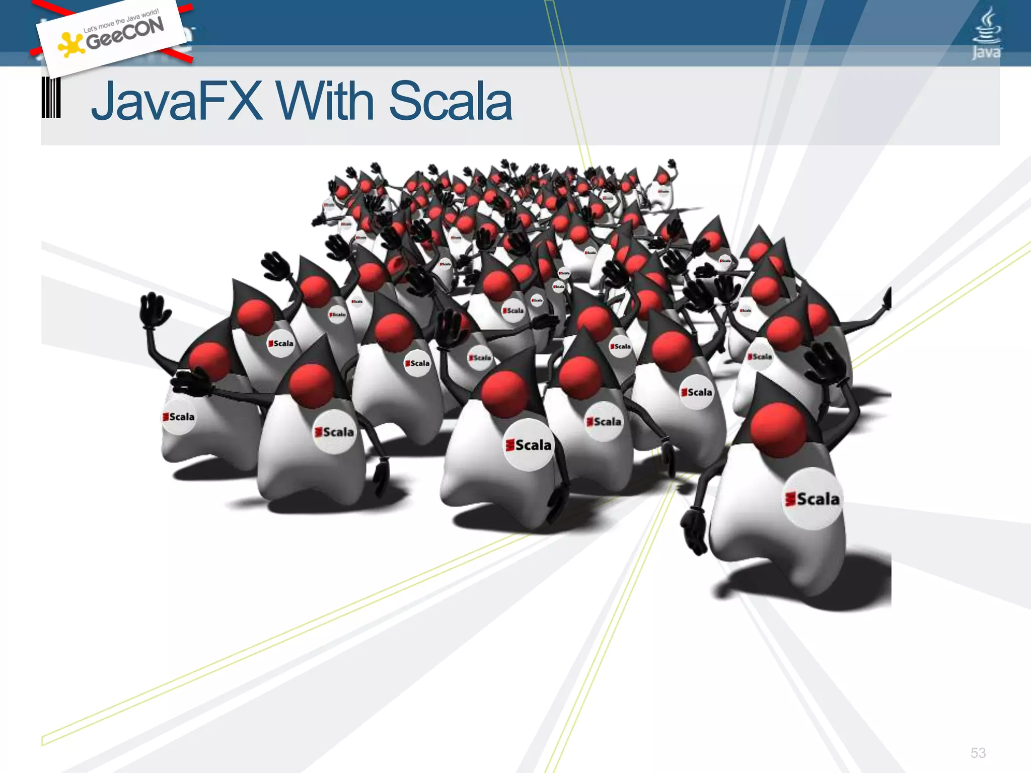 Step 3: JavaFX Animation Groovy DSL (courtesy of Jim Clarke – work in progress)timeline = timeline(repeatCount: Timeline.INDEFINITE, autoReverse: true) { at 750.ms update values { change rect1.y() to 200 change rect2.x() to 200 change circle.radius() to 200 }}timeline.play();