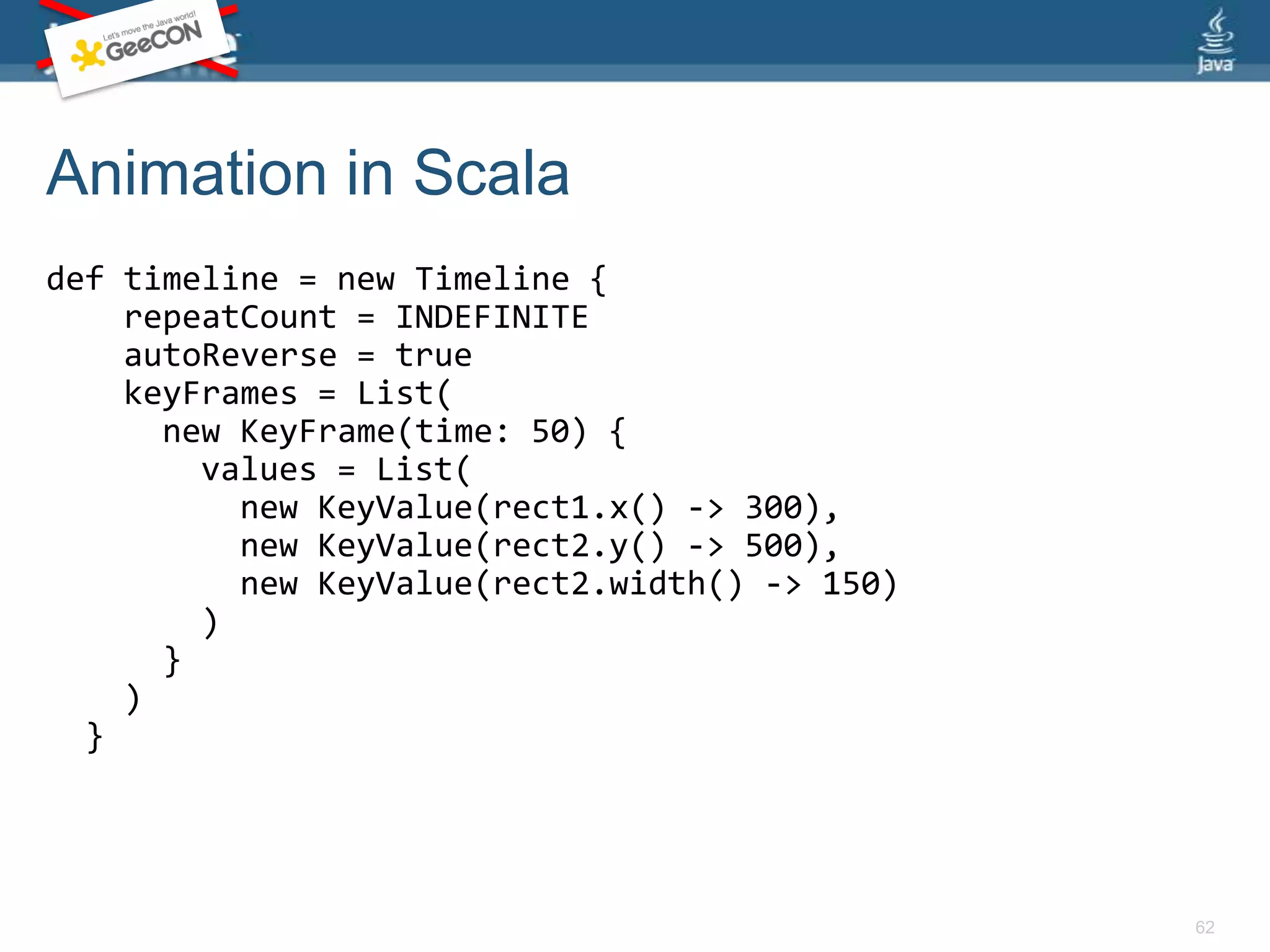 60object HelloJavaFX extends JavaFXApplication { def stage = new Stage {title = "Hello Stage" width = 600 height = 450 scene = new Scene { fill = Color.LIGHTGREEN content = List(new Rectangle { x = 25 y = 40 width = 100 height = 50 fill = Color.RED }) } }}Inline property definitions
