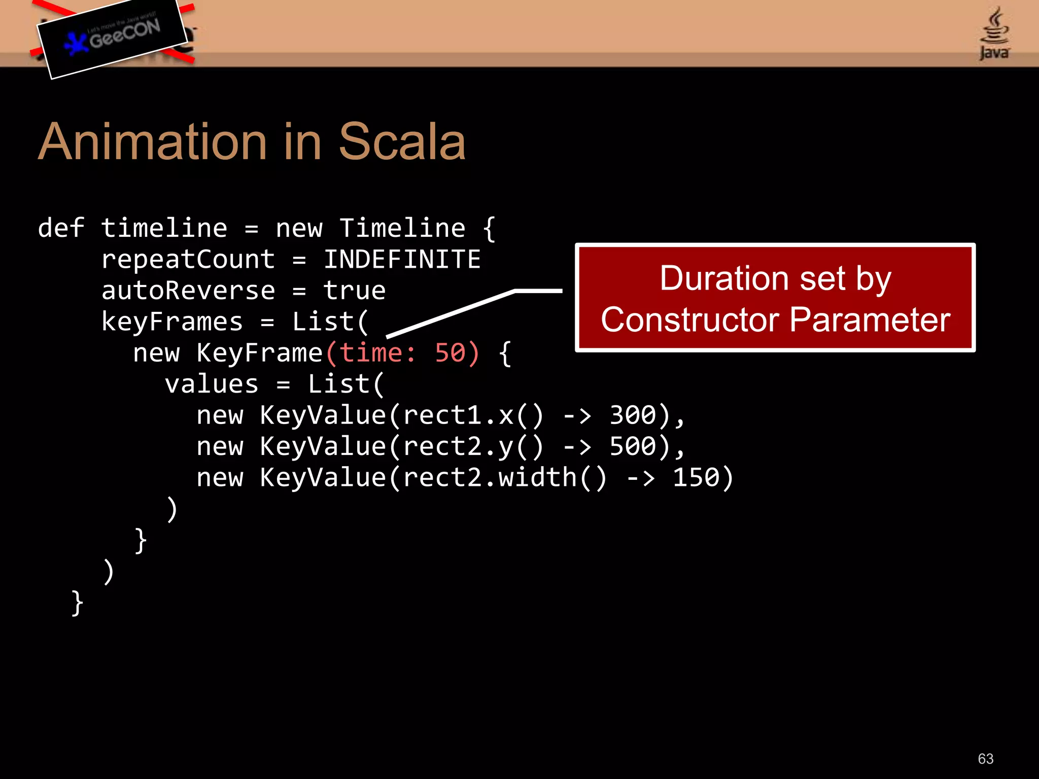 61object HelloJavaFX extends JavaFXApplication { def stage = new Stage { title = "Hello Stage" width = 600 height = 450 scene = new Scene { fill = Color.LIGHTGREEN content = List(new Rectangle { x = 25 y = 40 width = 100 height = 50 fill = Color.RED }) } }}List Construction Syntax