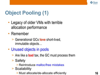 Object Pooling (1) <ul><li>Legacy of older VMs with terrible allocation performance </li></ul><ul><li>Remember </li></ul><...