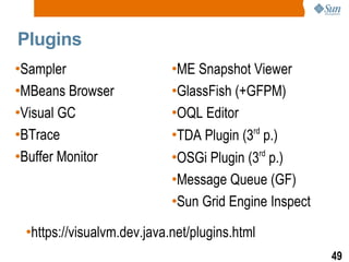 Plugins <ul><li>Sampler </li></ul><ul><li>MBeans Browser </li></ul><ul><li>Visual GC </li></ul><ul><li>BTrace </li></ul><u...