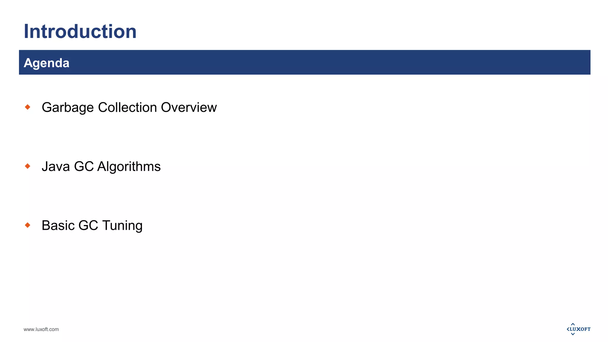 Introduction 
Agenda 
 Garbage Collection Overview 
 Java GC Algorithms 
 Basic GC Tuning 
www.luxoft.com 
 