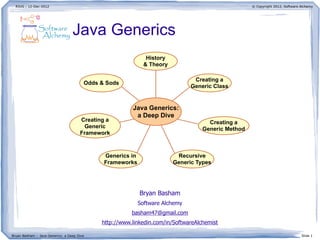 RJUG : 12-Dec-2012                                                                                © Copyright 2012, Software Alchemy




                                  Java Generics
                                                               History
                                                              & Theory

                                                                                Creating a
                                        Odds & Sods
                                                                               Generic Class


                                                        Java Generics:
                                                         a Deep Dive
                                      Creating a                                     Creating a
                                        Generic                                    Generic Method
                                      Framework



                                              Generics in                 Recursive
                                              Frameworks                 Generic Types




                                                            Bryan Basham
                                                            Software Alchemy
                                                        basham47@gmail.com
                                             http://www.linkedin.com/in/SoftwareAlchemist

Bryan Basham – Java Generics: a Deep Dive                                                                                      Slide 1
 