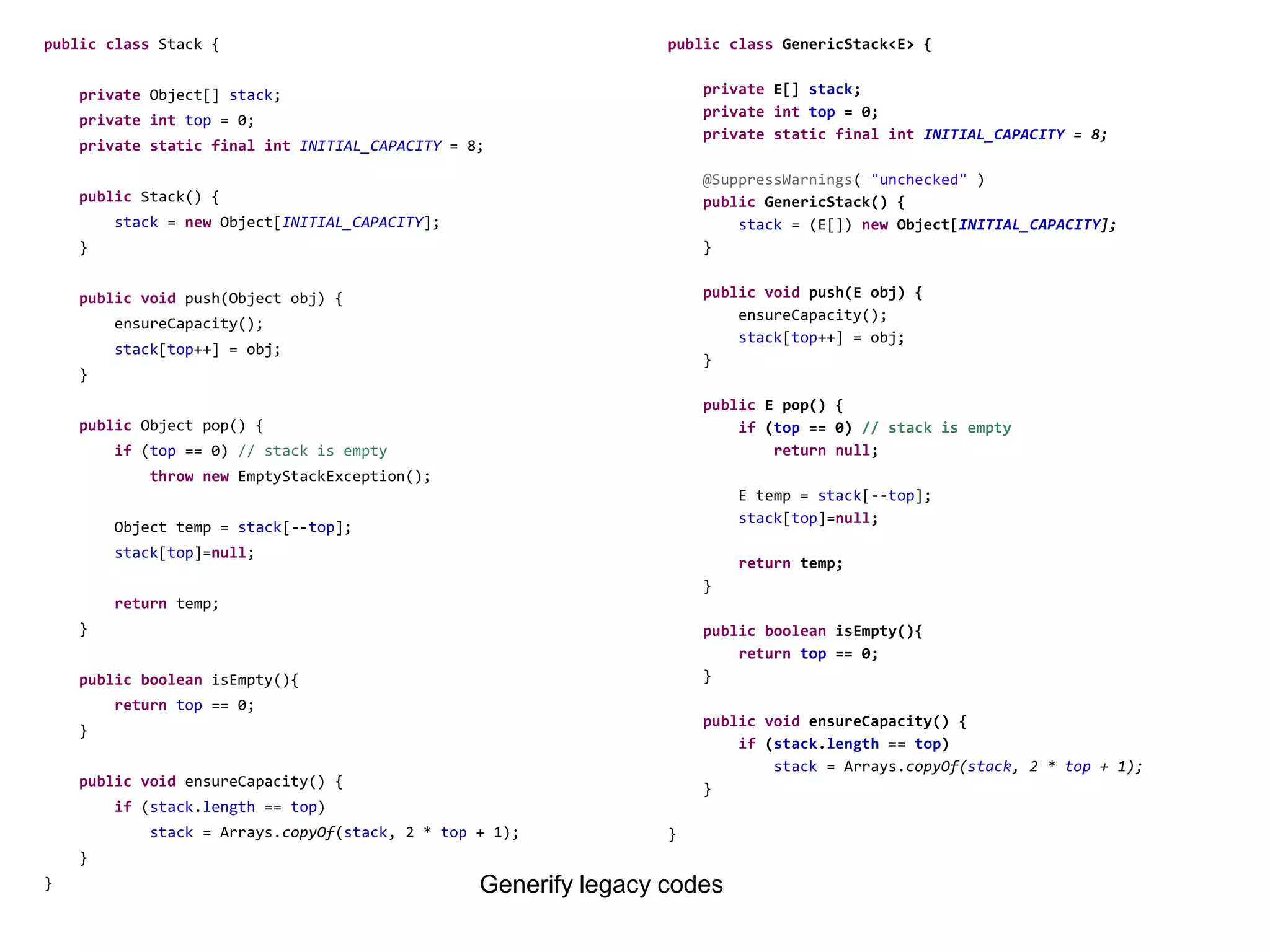 public class Stack {
private Object[] stack;
private int top = 0;
private static final int INITIAL_CAPACITY = 8;
public Stack() {
stack = new Object[INITIAL_CAPACITY];
}
public void push(Object obj) {
ensureCapacity();
stack[top++] = obj;
}
public Object pop() {
if (top == 0) // stack is empty
throw new EmptyStackException();
Object temp = stack[--top];
stack[top]=null;
return temp;
}
public boolean isEmpty(){
return top == 0;
}
public void ensureCapacity() {
if (stack.length == top)
stack = Arrays.copyOf(stack, 2 * top + 1);
}
}
public class GenericStack<E> {
private E[] stack;
private int top = 0;
private static final int INITIAL_CAPACITY = 8;
@SuppressWarnings( "unchecked" )
public GenericStack() {
stack = (E[]) new Object[INITIAL_CAPACITY];
}
public void push(E obj) {
ensureCapacity();
stack[top++] = obj;
}
public E pop() {
if (top == 0) // stack is empty
return null;
E temp = stack[--top];
stack[top]=null;
return temp;
}
public boolean isEmpty(){
return top == 0;
}
public void ensureCapacity() {
if (stack.length == top)
stack = Arrays.copyOf(stack, 2 * top + 1);
}
}
Generify legacy codes
 
