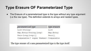 Type Erasure OF Parameterized Type
● The Erasure of a parameterized type is the type without any type argument
(i.e the raw type). The definition extends to arrays and nested types.
 