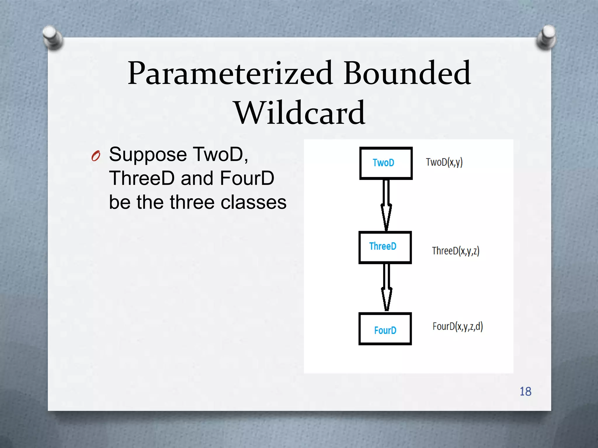 Parameterized Bounded
         Wildcard
O Suppose TwoD,
 ThreeD and FourD
 be the three classes




                           18
 