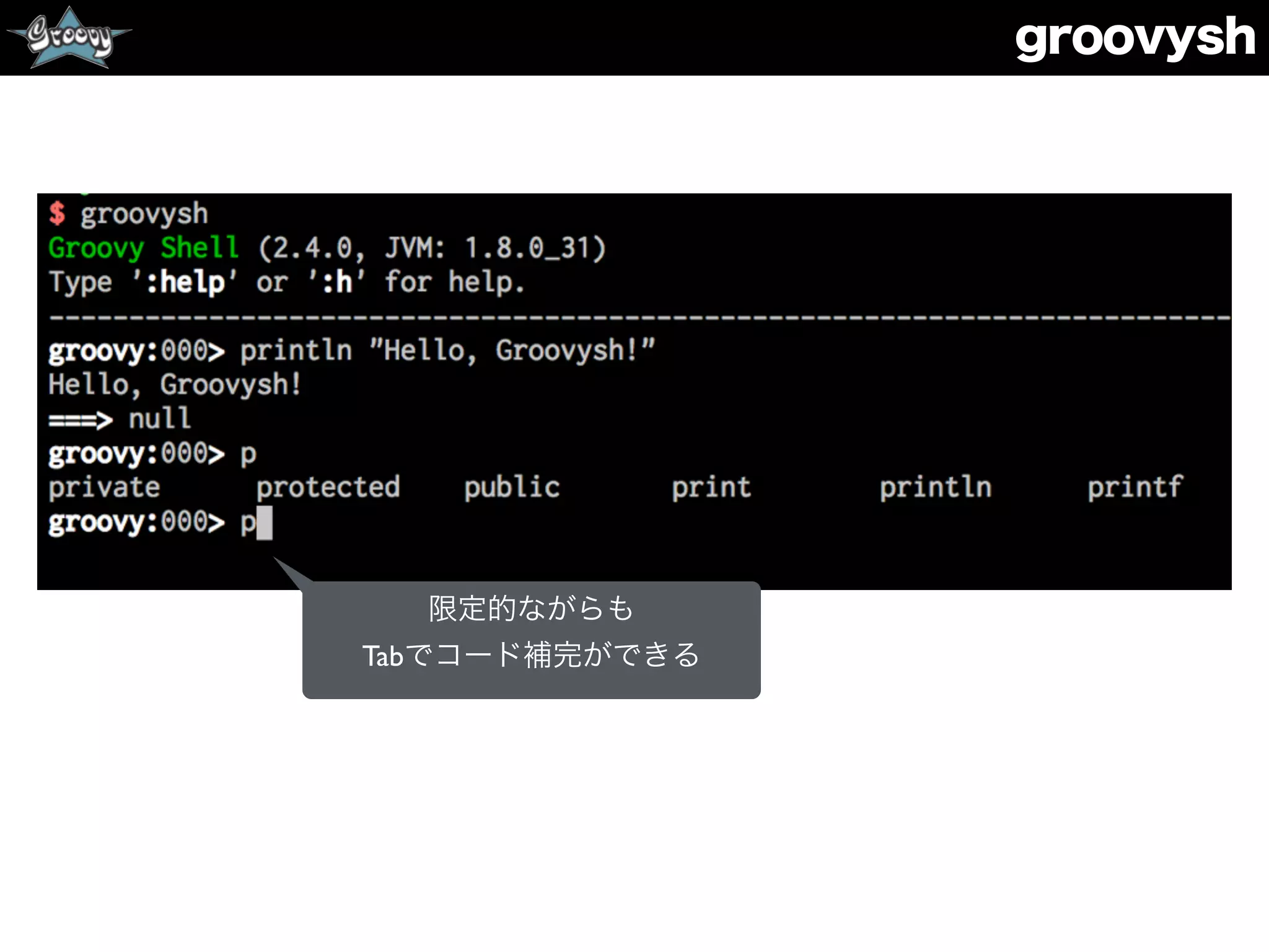 groovysh
限定的ながらも
Tabでコード補完ができる
 