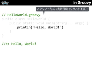 in Groovy
//	
  HelloWorld.groovy	
  
public	
  class	
  HelloWorld	
  {	
  
	
  	
  	
  	
  public	
  static	
  void	
  main(String...	
  args)	
  {	
  
	
  	
  	
  	
  	
  	
  	
  	
  println("Hello,	
  World!")	
  
	
  	
  	
  	
  }	
  
}	
  
//=>	
  Hello,	
  World!
スクリプト形式で実行可能（クラスが不要）
 