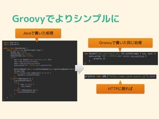 Groovyでよりシンプルに
Groovyで書いた同じ処理
HTTPに限れば
Javaで書いた処理
 