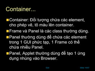 GUI Slide 14/57
Container...
Container: Đối tượng chứa các element,
cho phép vẽ, tô màu lên container.
Frame và Panel là các class thường dùng.
Panel thường dùng để chứa các element
trong 1 GUI phức tạp, 1 Frame có thể
chứa nhiều Panel.
Panel, Applet thường dùng để tạo 1 ứng
dụng nhúng vào Browser.
 