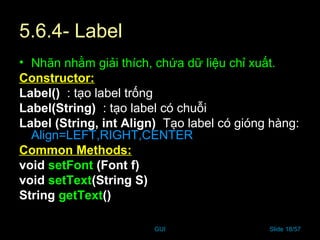 GUI Slide 18/57
5.6.4- Label
• Nhãn nhằm giải thích, chứa dữ liệu chỉ xuất.
Constructor:
Label() : tạo label trống
Label(String) : tạo label có chuỗi
Label (String, int Align) Tạo label có gióng hàng:
Align=LEFT,RIGHT,CENTER
Common Methods:
void setFont (Font f)
void setText(String S)
String getText()
 