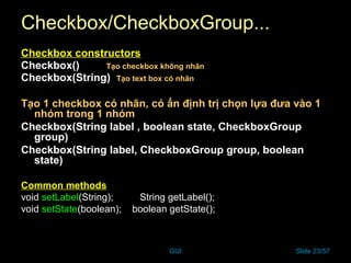 GUI Slide 23/57
Checkbox/CheckboxGroup...
Checkbox constructors
Checkbox() Tạo checkbox không nhãn
Checkbox(String) Tạo text box có nhãn
Tạo 1 checkbox có nhãn, có ấn định trị chọn lựa đưa vào 1
nhóm trong 1 nhóm
Checkbox(String label , boolean state, CheckboxGroup
group)
Checkbox(String label, CheckboxGroup group, boolean
state)
Common methods
void setLabel(String); String getLabel();
void setState(boolean); boolean getState();
 