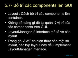 GUI Slide 28/57
5.7- Bố trí các components lên GUI
• Layout : Cách bố trí các components lên
container.
• Không dễ dàng gì để tự quản lý vị trí của
các components trên GUI.
• LayoutManager là interface mô tả về các
layout.
• Trong gói AWT có hiện thức sẵn một số
layout, các lớp layout này đều implement
LayoutManager interface.
 