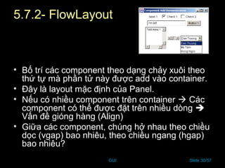 GUI Slide 30/57
5.7.2- FlowLayout
• Bố trí các component theo dạng chảy xuôi theo
thứ tự mà phần tử này được add vào container.
• Đây là layout mặc định của Panel.
• Nếu có nhiều component trên container  Các
component có thể được đặt trên nhiều dòng 
Vấn đề gióng hàng (Align)
• Giữa các component, chúng hở nhau theo chiều
dọc (vgap) bao nhiêu, theo chiều ngang (hgap)
bao nhiêu?
 