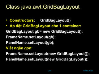 GUI Slide 36/57
Class java.awt.GridBagLayout
• Constructors: GridBagLayout()
• Áp đặt GridBagLayout cho 1 container:
GridBagLayout gb= new GridBagLayout();
FrameName.setLayout(gb);
PanelName.setLayout(gb);
Viết ngắn gọn:
FrameName.setLayout(new GridBagLayout());
PanelName.setLayout(new GridBagLayout());
 
