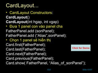 GUI Slide 43/57
CardLayout...
• CardLayout Constructors:
CardLayout()
CardLayout(int hgap, int vgap)
• Đưa 1 panel con vào panel cha
FatherPanel.add (sonPanel);
FatherPanel.add (“Alias”,sonPanel);
• Chọn 1 panel sẽ hiển thị
Card.first(FatherPanel);
Card.last(FatherPanel);
Card.next(FatherPanel);
Card.previous(FatherPanel);
Card.show( FatherPanel, “Alias_of_sonPanel”);
Click for Demo
 