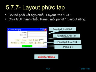 GUI Slide 44/57
5.7.7- Layout phức tạp
• Có thể phải kết hợp nhiều Layout trên 1 GUI.
• Chia GUI thành nhiều Panel, mỗi panel 1 Layout riêng.
Panel p1, lưới 3x2
Panel p2, lưới 1x4
Panel p3, lưới 1x4
Panel p4
Click for Demo
 