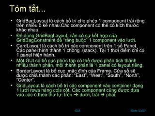 GUI Slide 53/57
Tóm tắt...
• GridBagLayout là cách bố trí cho phép 1 component trải rộng
trên nhiều ô kề nhau.Các component có thể có kích thước
khác nhau.
• Để dùng GridBagLayout, cần có sự kết hợp của
GridBagConstraint để “ràng buộc” 1 component vào lưới.
• CardLayout là cách bố trí các component trên 1 số Panel.
Các panel hình thành 1 chồng (stack). Tại 1 thời điểm chỉ có
1 panel hiện hành.
• Một GUI có bố cục phức tạp có thể được phân tích thành
nhiều thành phần, mỗi thành phần là 1 panel có layout riêng.
• BorderLayout là bố cục mặc định của Frame. Cửa sổ sẽ
được chia thành các phần: “East”, “West”, “South”, “North”,
“Center”.
• GridLayout là cách bố trí các component vào container dạng
1 lưới rows hàng cols cột. Các component cũng được đưa
vào các ô theo thứ tự: trên  dưới, trái  phải.
 