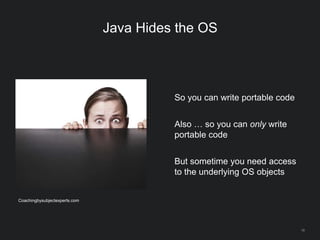 18
Java Hides the OS
So you can write portable code
Also … so you can only write
portable code
But sometime you need access
to the underlying OS objects
Coachingbysubjectexperts.com
 