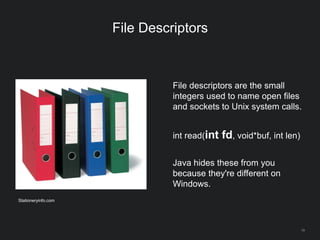 19
File Descriptors
File descriptors are the small
integers used to name open files
and sockets to Unix system calls.
int read(int fd, void*buf, int len)
Java hides these from you
because they're different on
Windows.
Stationeryinfo.com
 