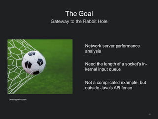 20
The Goal
Gateway to the Rabbit Hole
Network server performance
analysis
Need the length of a socket's in-
kernel input queue
Not a complicated example, but
outside Java's API fence
Jenningswire.com
 