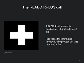 35
The READDIRPLUS call
READDIR but returns file
handles and attributes for each
file.
Frontloads the information
needed for the process to stat()
or open() a file.
Clipartkid.com
 