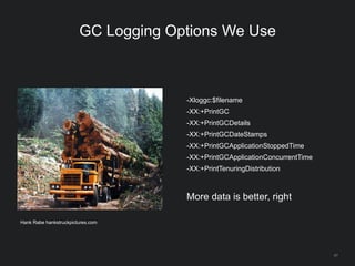 47
GC Logging Options We Use
-Xloggc:$filename
-XX:+PrintGC
-XX:+PrintGCDetails
-XX:+PrintGCDateStamps
-XX:+PrintGCApplicationStoppedTime
-XX:+PrintGCApplicationConcurrentTime
-XX:+PrintTenuringDistribution
More data is better, right
Hank Rabe hankstruckpictures.com
 