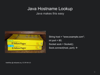 54
Java Hostname Lookup
Java makes this easy
String host = "www.example.com";
int port = 80;
Socket sock = Socket();
Sock.connect(host, port); 
Kabl00ey @ wikipedia.org CC BY-SA 3.0
 