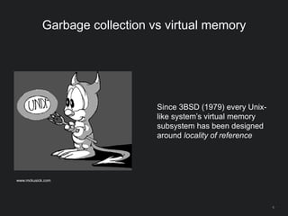6
Garbage collection vs virtual memory
Since 3BSD (1979) every Unix-
like system’s virtual memory
subsystem has been designed
around locality of reference
www.mckusick.com
 