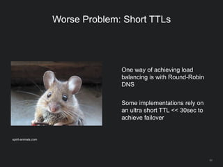 60
Worse Problem: Short TTLs
One way of achieving load
balancing is with Round-Robin
DNS
Some implementations rely on
an ultra short TTL << 30sec to
achieve failover
spirit-animals.com
 