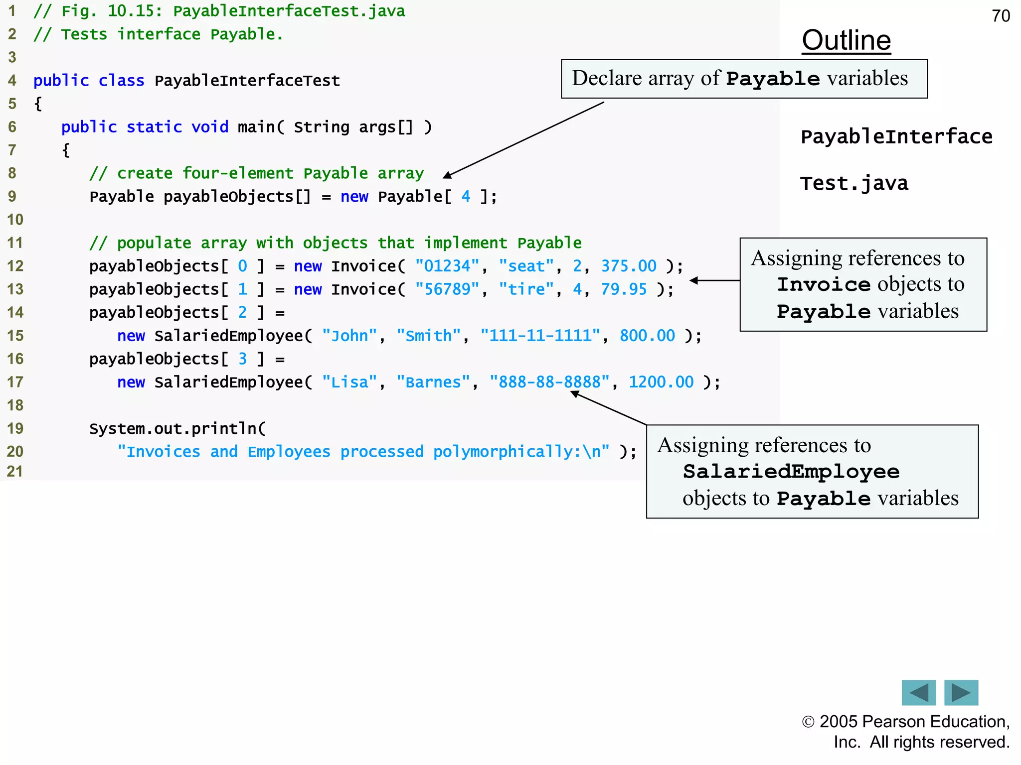  2005 Pearson Education,
Inc. All rights reserved.
70
Outline
PayableInterface
Test.java
(1 of 2)
1 // Fig. 10.15: PayableInterfaceTest.java
2 // Tests interface Payable.
3
4 public class PayableInterfaceTest
5 {
6 public static void main( String args[] )
7 {
8 // create four-element Payable array
9 Payable payableObjects[] = new Payable[ 4 ];
10
11 // populate array with objects that implement Payable
12 payableObjects[ 0 ] = new Invoice( "01234", "seat", 2, 375.00 );
13 payableObjects[ 1 ] = new Invoice( "56789", "tire", 4, 79.95 );
14 payableObjects[ 2 ] =
15 new SalariedEmployee( "John", "Smith", "111-11-1111", 800.00 );
16 payableObjects[ 3 ] =
17 new SalariedEmployee( "Lisa", "Barnes", "888-88-8888", 1200.00 );
18
19 System.out.println(
20 "Invoices and Employees processed polymorphically:n" );
21
Declare array of Payable variables
Assigning references to
Invoice objects to
Payable variables
Assigning references to
SalariedEmployee
objects to Payable variables
 