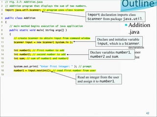 Outline
 Addition
.java
 (1 of 2)
 import
declaration
 Scanner
 nextInt
1 // Fig. 2.7: Addition.java
2 // Addition program that displays the sum of two numbers.
3 import java.util.Scanner; // program uses class Scanner
4
5 public class Addition
6 {
7 // main method begins execution of Java application
8 public static void main( String args[] )
9 {
10 // create Scanner to obtain input from command window
11 Scanner input = new Scanner( System.in );
12
13 int number1; // first number to add
14 int number2; // second number to add
15 int sum; // sum of number1 and number2
16
17 System.out.print( "Enter first integer: " ); // prompt
18 number1 = input.nextInt(); // read first number from user
19
42
import declaration imports class
Scanner from package java.util.
Declare and initialize variable
input, which is a Scanner.
Declare variables number1,
number2 and sum.
Read an integer from the user
and assign it to number1.
 