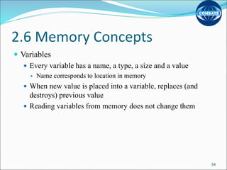 2.6 Memory Concepts
 Variables
 Every variable has a name, a type, a size and a value
 Name corresponds to location in memory
 When new value is placed into a variable, replaces (and
destroys) previous value
 Reading variables from memory does not change them
54
 