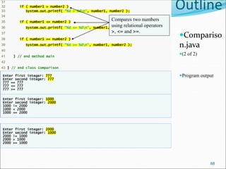 Outline
Compariso
n.java
(2 of 2)
Program output
31
32 if ( number1 > number2 )
33 System.out.printf( "%d > %dn", number1, number2 );
34
35 if ( number1 <= number2 )
36 System.out.printf( "%d <= %dn", number1, number2 );
37
38 if ( number1 >= number2 )
39 System.out.printf( "%d >= %dn", number1, number2 );
40
41 } // end method main
42
43 } // end class Comparison
Enter first integer: 777
Enter second integer: 777
777 == 777
777 <= 777
777 >= 777
Enter first integer: 1000
Enter second integer: 2000
1000 != 2000
1000 < 2000
1000 <= 2000
Enter first integer: 2000
Enter second integer: 1000
2000 != 1000
2000 > 1000
2000 >= 1000
68
Compares two numbers
using relational operators
>, <= and >=.
 
