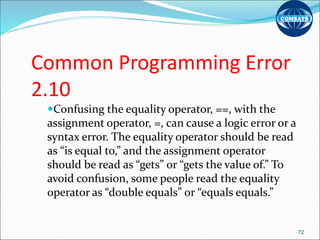 Common Programming Error
2.10
Confusing the equality operator, ==, with the
assignment operator, =, can cause a logic error or a
syntax error. The equality operator should be read
as “is equal to,” and the assignment operator
should be read as “gets” or “gets the value of.” To
avoid confusion, some people read the equality
operator as “double equals” or “equals equals.”
72
 