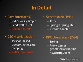 To our shame
• There’s always IDL.
• Informal
– Text documentation
– Code samples
• Formal
– Swagger, Apiary etc.
– ProtoBuf, Thrift, Avro
– WSDL, god forbid!
• … or
– Ad-hoc
public interface SiteMembersService {
SiteMemberDto getMemberById(
Guid<SiteMember> memberId,
UserGuid userId);
SiteMemberDto getMemberOrOwnerById(
Guid<SiteMember> memberId,
Guid<SMCollection> collectionId);
SiteMemberDto getMemberDtoByEmailAndCollectionId(
String email,
Guid<SMCollection> collectionId);
List<SiteMemberDto> listMembersByCollectionId(
Guid<SMCollection> collectionId);
}
 