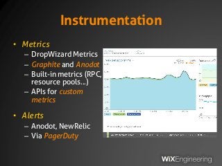 Instrumentation
• Metrics
– DropWizard Metrics
– Graphite and Anodot
– Built-in metrics (RPC,
resource pools…)
– APIs for custom
metrics
• Alerts
– Anodot, NewRelic
– Via PagerDuty
 