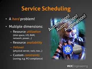 Service Scheduling
• A hard problem!
• Multiple dimensions:
– Resource utilization
(disk space, I/O, RAM,
network, power…)
– Resource availability
– Failover
(physical server, rack, row…)
– Custom constraints
(zoning, e.g. PCI compliance)
 