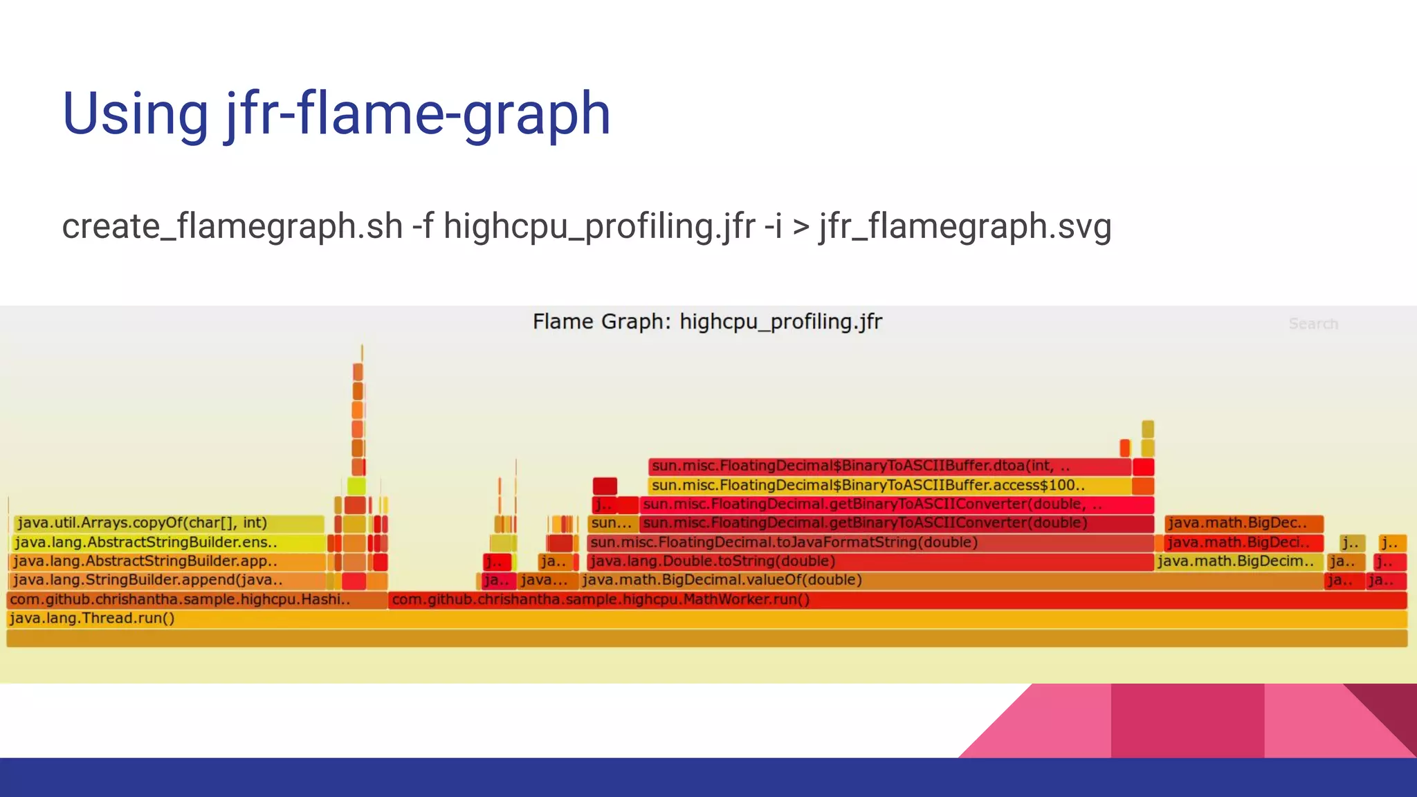Using jfr-flame-graph
create_flamegraph.sh -f highcpu_profiling.jfr -i > jfr_flamegraph.svg
 
