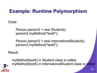 32
Example: Runtime Polymorphism
Code:
Person person2 = new Student();
person2.myMethod("test4");
Person person3 = new InternationalStudent();
person3.myMethod("test5");
Result:
myMethod(test4) in Student class is called
myMethod(test5) in InternationalStudent class is called
 