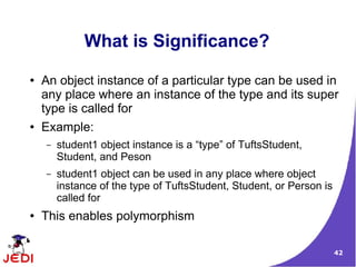 42
What is Significance?
● An object instance of a particular type can be used in
any place where an instance of the type and its super
type is called for
● Example:
– student1 object instance is a “type” of TuftsStudent,
Student, and Peson
– student1 object can be used in any place where object
instance of the type of TuftsStudent, Student, or Person is
called for
● This enables polymorphism
 