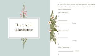 Hierchical
inheritance
A inheritance which contain only one superclass and multiple
subclass and all sub class directly extends super class is called
hierchical inheritance.
SYNTAX-class A
{
____________
_______________ //code
}
Class B extends A
{
____________
_______________ //code
}
Class C extends A {
___________________ //code
}
 