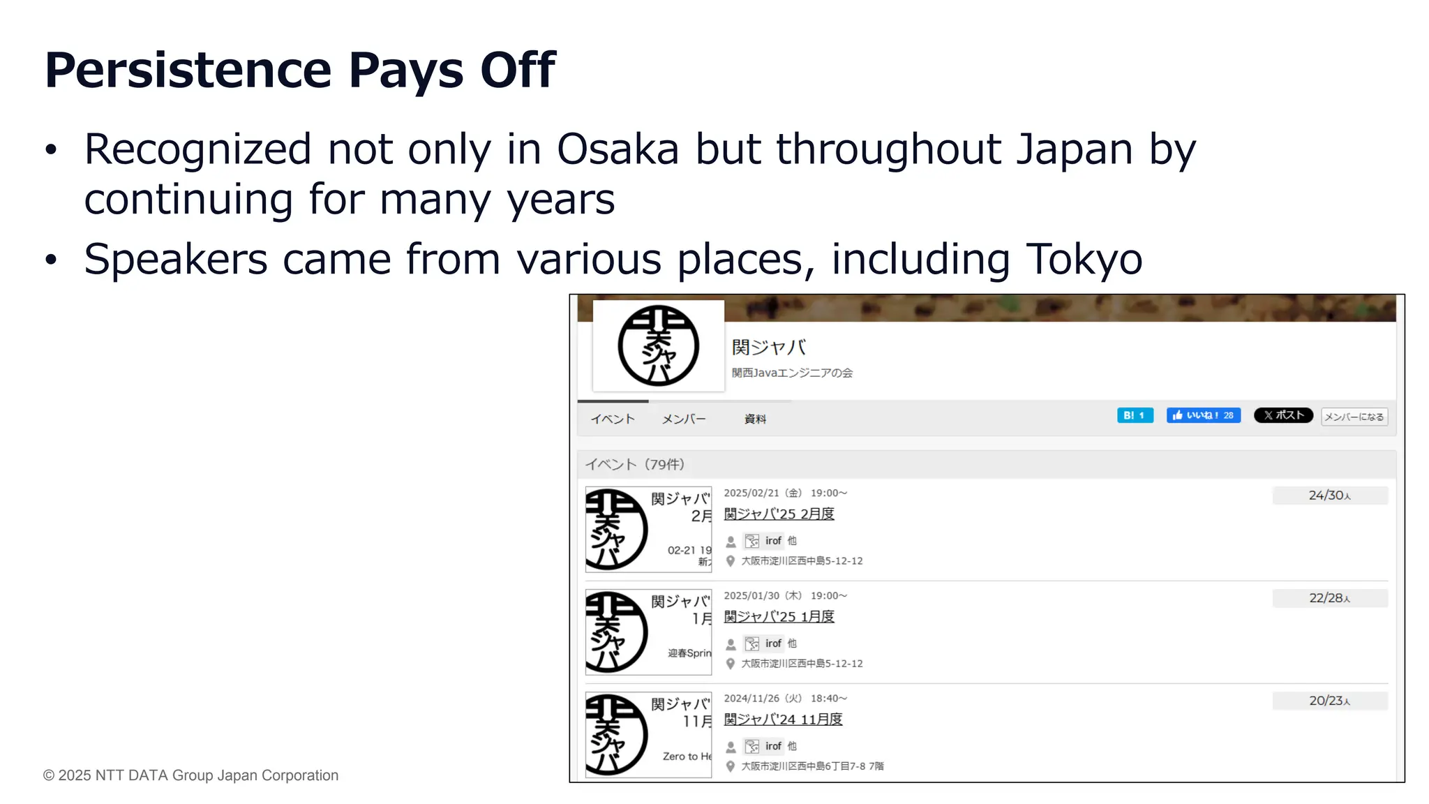 © 2025 NTT DATA Group Japan Corporation 18
Persistence Pays Off
• Recognized not only in Osaka but throughout Japan by
continuing for many years
• Speakers came from various places, including Tokyo
 